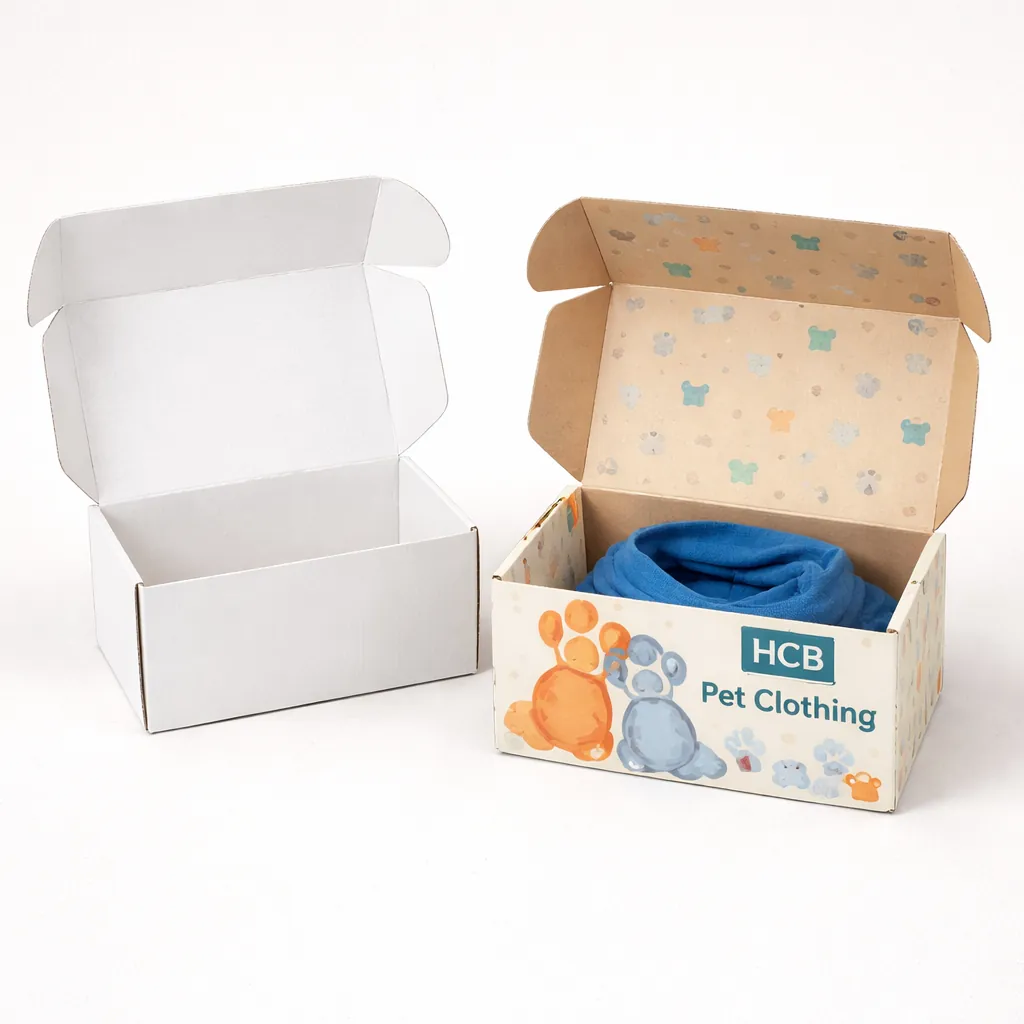 Two open vertical cardboard boxes, one minimalist white and one with vibrant colourful pet-themed printing. class=